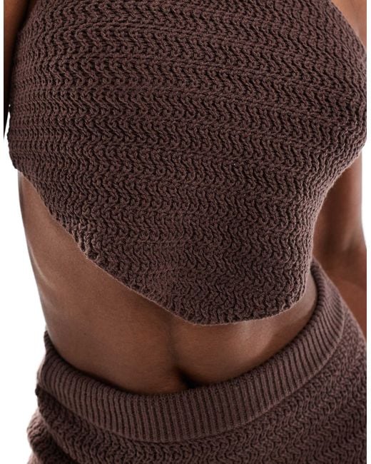 4th & Reckless Brown Knitted Halterneck Cropped Beach Scarf Top Co-ord
