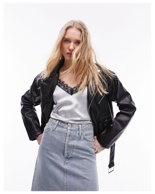 TOPSHOP White Faux Leather Cropped Biker Jacket