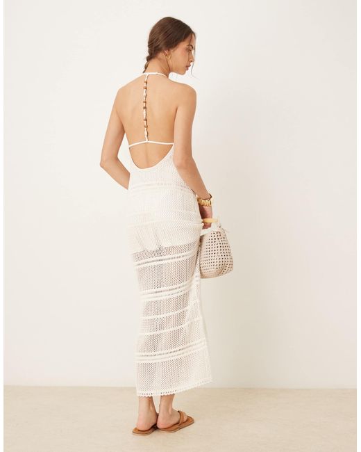 Abercrombie & Fitch Natural Crochet High Neck Open Back Maxi Dress With Beaded Straps