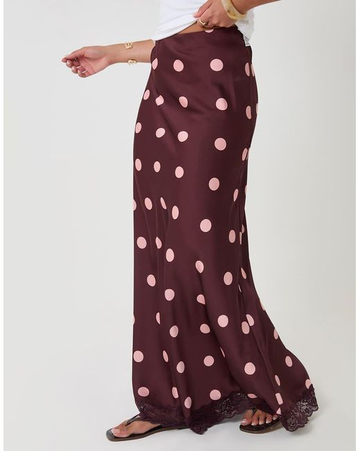Threadbare Red Polka Dot Satin Lace Trim Maxi Skirt