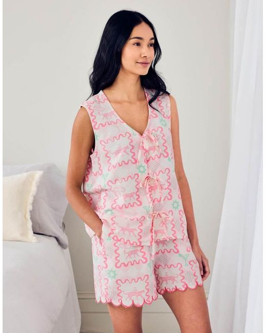 Chelsea Peers Pink Linen-Blend Tie Front Cami Cocktail Leopard Geo Print Short Pyjama Set