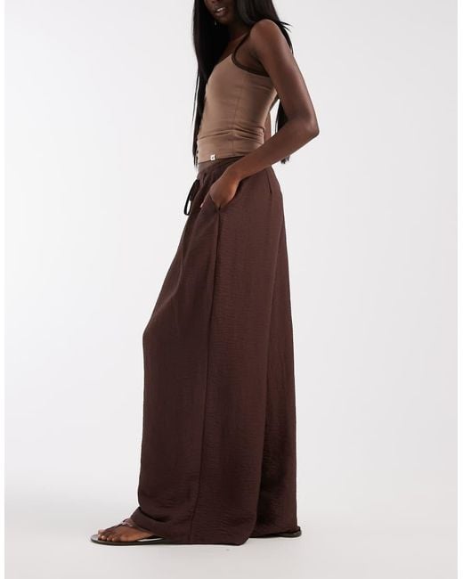 ASOS Brown Textured Wide Leg Trousers With Tie Waist