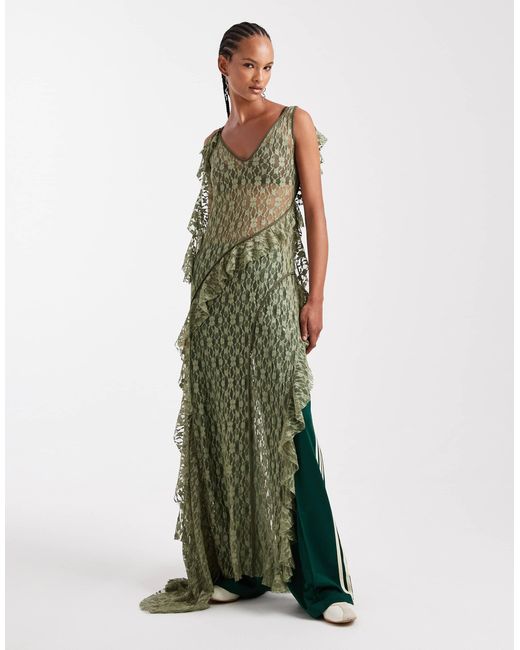ASOS Green Asymmetric Sheer Lace Maxi With Shredded Detailing And Exposed Seams