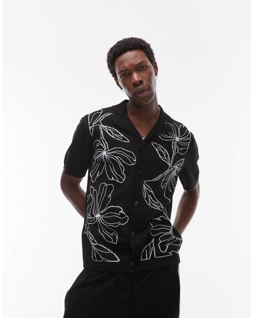Topman Black Front Placement Embroidered Knitted Shirt for men