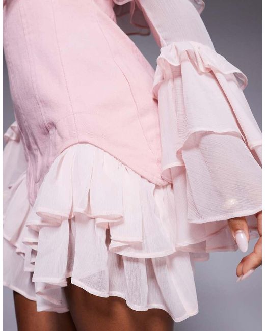 ASOS Pink Denim Corset Mini Dress With Chiffon Sleeves And Hem