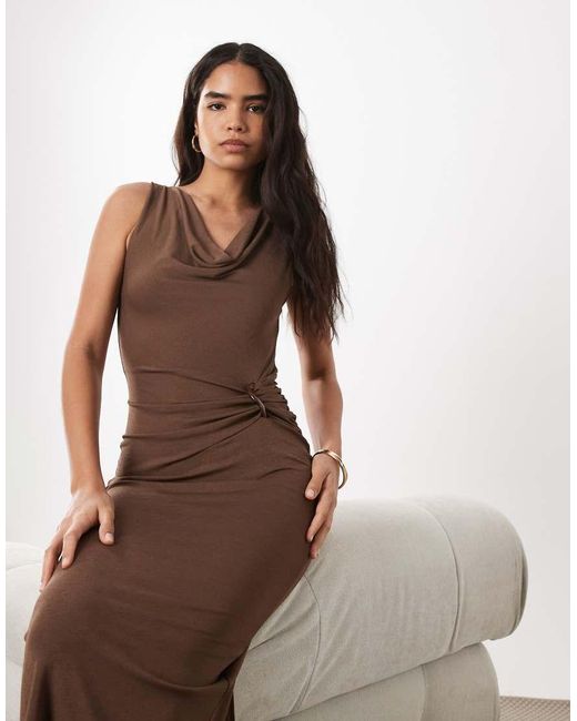 Mango Brown Cowl Neck Belted Waist Sleeveless Midi Dress