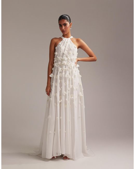 ASOS 3d Floral Statement Halter Maxi Wedding Dress in White | Lyst