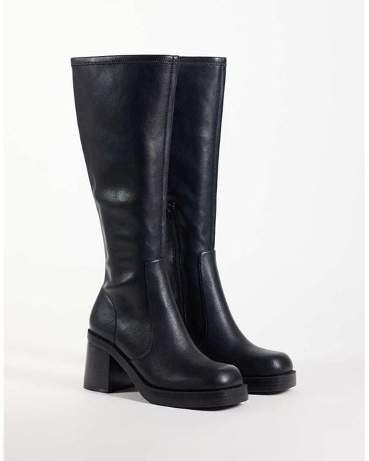 ASOS Black Charlene Block Heel Stretch Sock Knee Boots