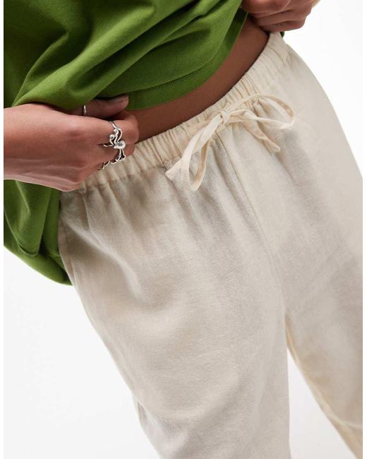 TOPSHOP Green Mid Rise Linen Awkward Length Trouser