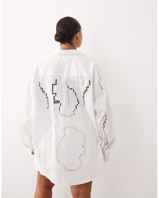 ARRANGE White Curve Oversized Shirt Co-Ord With Cutwork Embroidery