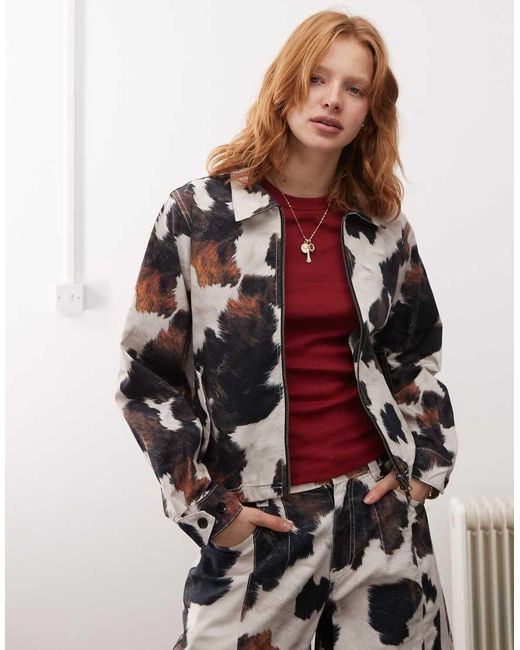 Reclaimed (vintage) White Cow Print Zip Up Jacket Co-ord