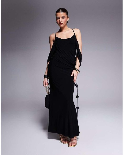 ASOS Blue Draped Bardot Layered Neckline Midi Dress With Flower Trims