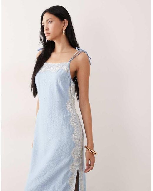 ASOS Blue Asos Design Tall Cami Square Neck Crinkle Satin Lace Detail Maxi Dress