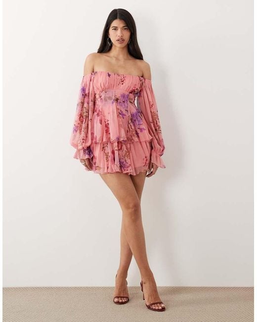 ASOS Pink Double Layer Off Shoulder Godet Mini Dress