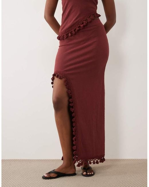 ASOS Red Co-ord Crinkle High Split Skirt With Tassel Detail