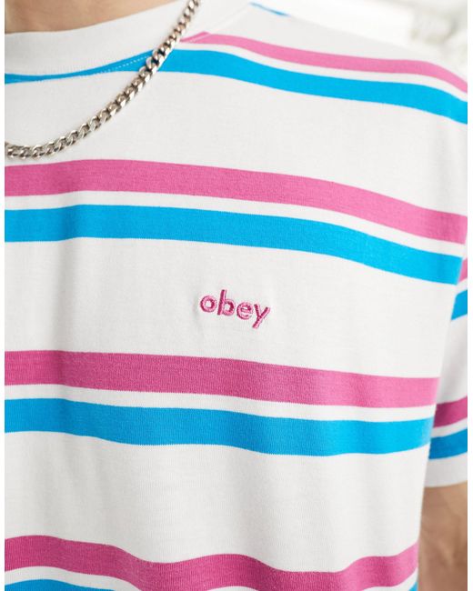 T-shirt a maniche corte a righe multicolore di Obey in White da Uomo