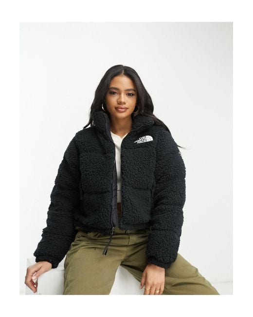 The North Face Nuptse Cropped High Pile Fleece Down Jacket in Black
