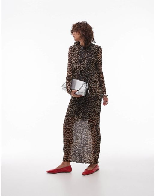 TOPSHOP Brown – transparentes, hochgeschlossenes und langärmliges kleid mit leopardenprint und knitterstruktur