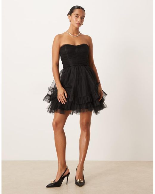 LACE & BEADS Black Corset Overlay Tulle Bow Mini Dress