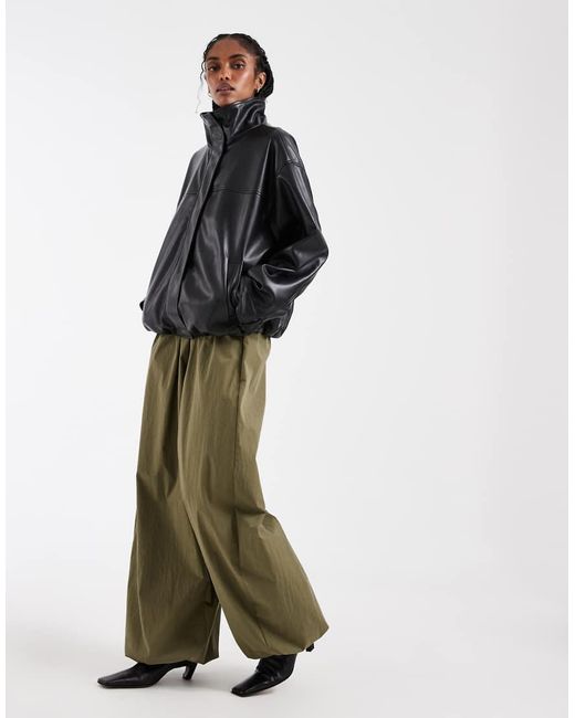 ASOS Black Clean Leather Look Funnel Track Bomber Jacket