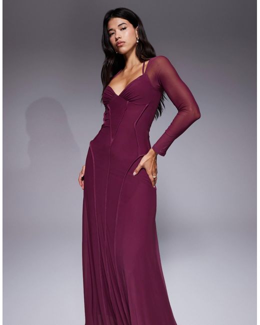 Robe longue en tulle à manches longues à coutures apparentes - prune profond ASOS en coloris Purple