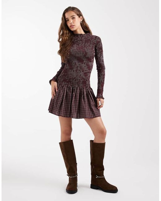 Daisy Street Purple Shirred Drop Waist Mini Dress