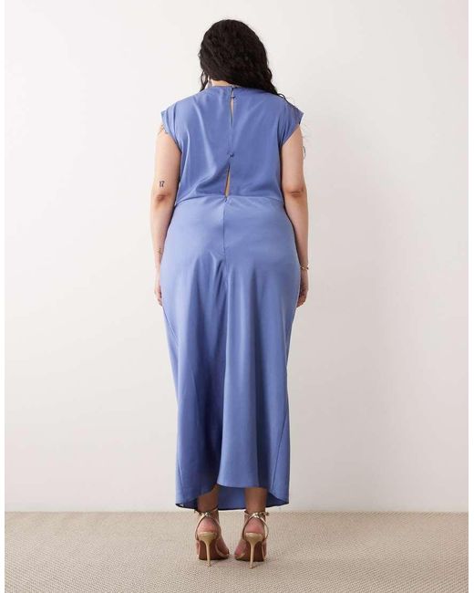 ASOS Blue Asos Design Curve Satin High Neck Pleated Bodice Midi Dress