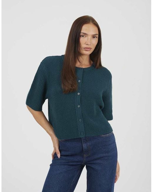 Brave Soul Blue Short Sleeve Crew Neck Fisherman Knit Cardigan
