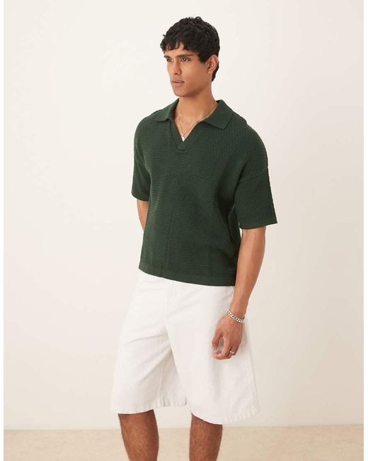 ASOS Green Relaxed Fit Textured Knitted Notch Neck Polo for men