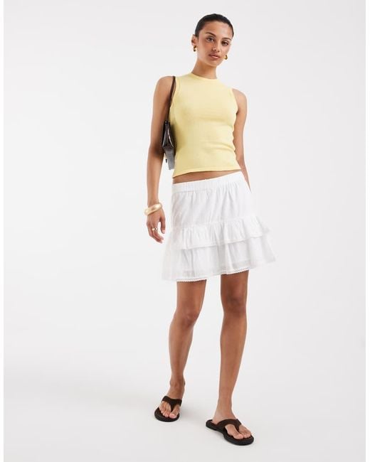 Vero Moda White Dobby Texture Ruffle Lace Trim Mini Skirt