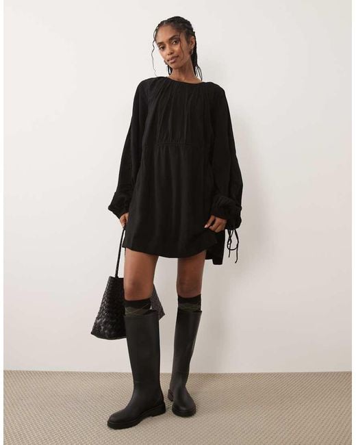 ASOS Black Crew Neck Mini Dress With Ruched Waist Channel And Blouson Sleeves