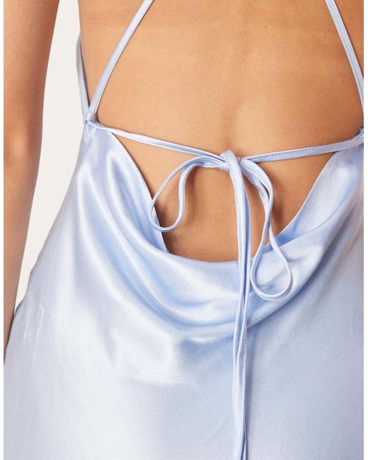 SNDY'S Blue Exclusive Satin Cowl Neck Strappy Open Back Side Split Maxi Dress