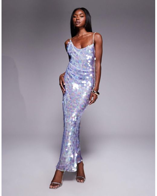 ASOS Blue Iridescent Sequin Asymmetric Cowl Neck Midi Dress