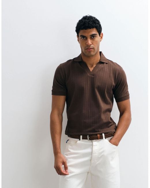 SELECTED Black Ribbed Split Neck Polo for men