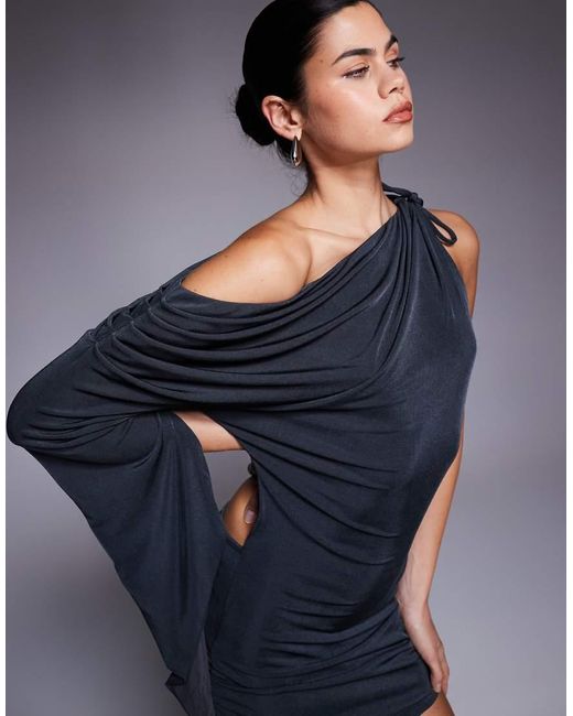 I.AM.GIA Blue Jolie Drape Off Shoulder Fluted Sleeve Open Back Mini Dress