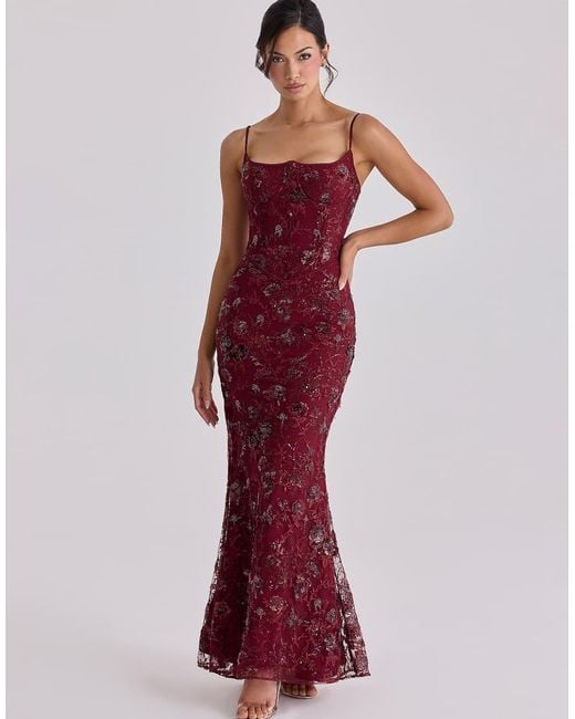 House Of Cb Red Naima Wine Hand Beaded Embellished Corset Maxi Dress