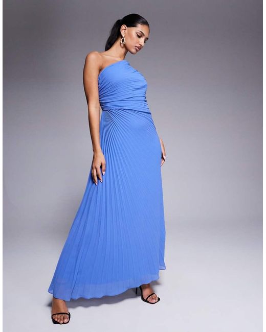 Forever New Blue One Shoulder Pleated Maxi Dress