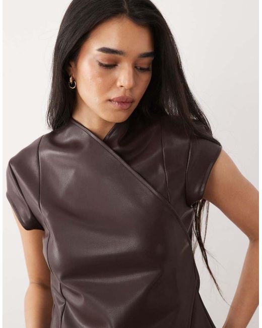 ASOS Brown Pu Tailored Cross Body Cinched Waist Top