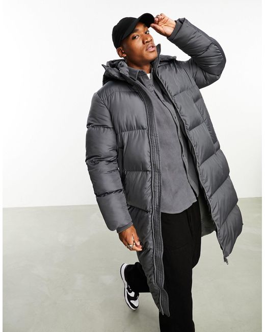 ASOS Longline Puffer Coat With Hood in Grey for Men | Lyst UK
