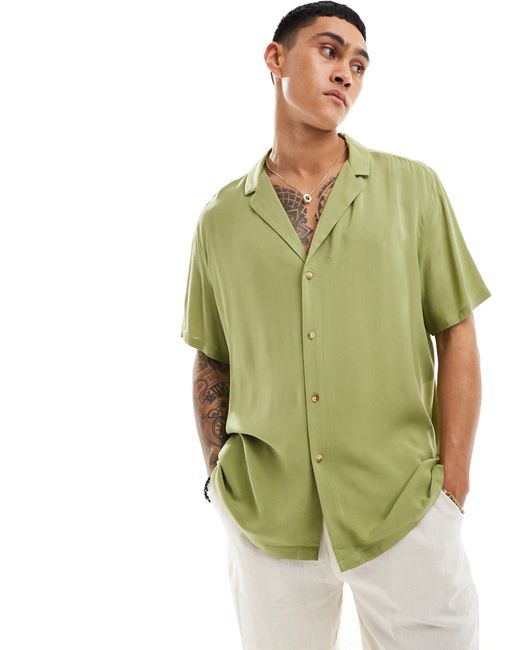 ASOS Green Relaxed Fit Viscose Shirt With Low Revere Collar for men