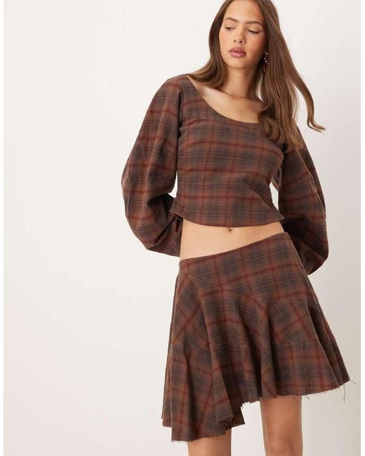 Top Marrón A Cuadros De Top Con Cuello Ancho Y Mangas Cocoon De (Parte De Un Conjunto) ASOS de color Brown