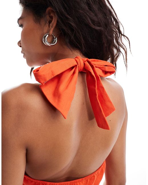 emory park Red Linen Tie Wrap Detail Halter Maxi Dress