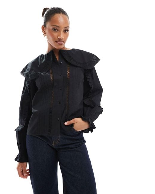 ASOS Blue Lace And Broderie Insert Shirt With Large Collar