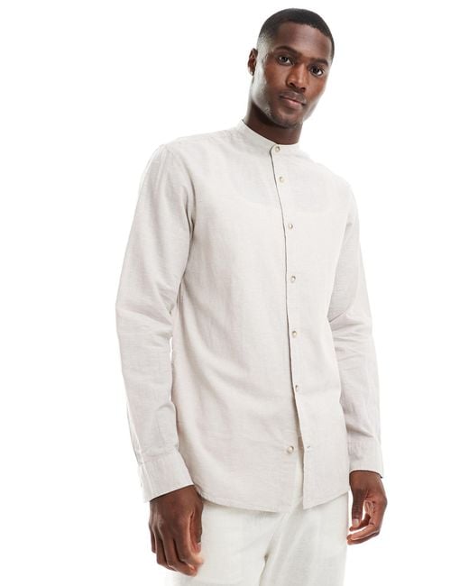 Premium - chemise en lin à col grand-père - beige Jack & Jones pour homme en coloris White