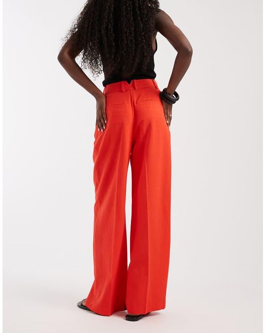 ASOS Red Tailo Linen Look Wide Leg Trousers With Pleat Detail
