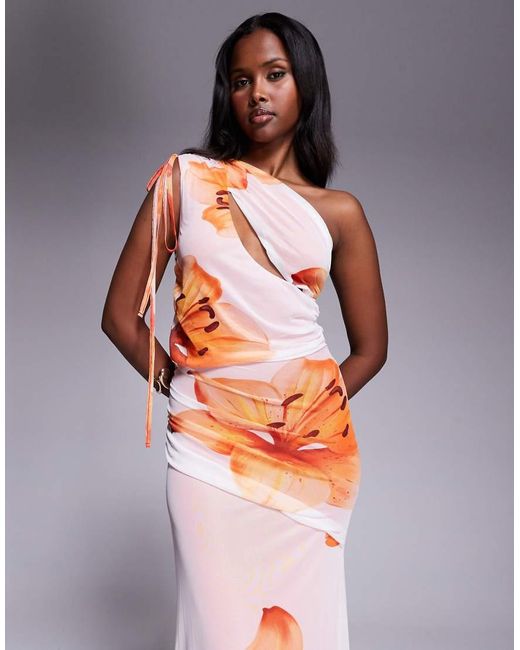ASOS Multicolor Mesh Channelled Tie One Shoulder Midi Dress With Slash Cut Out