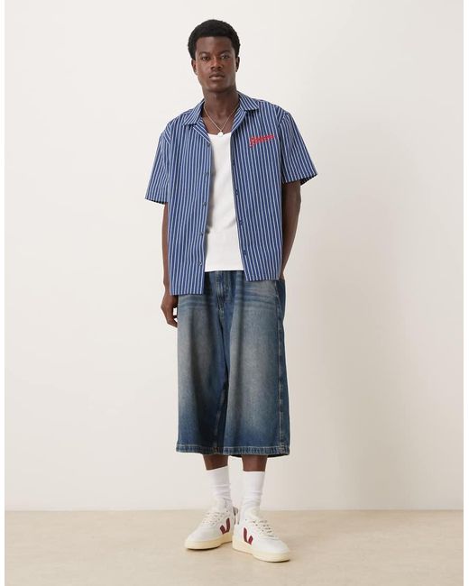 ASOS Ruimvallend Gestreept Overhemd Met Geborduurd Logo Op De Borst in het Blue voor heren