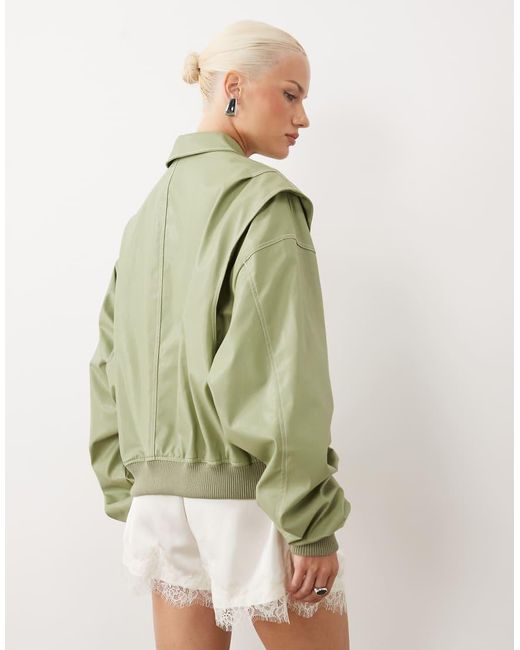 Lioness Green Exclusive Vista Leather Look Contrast Stitch Bomber Jacket