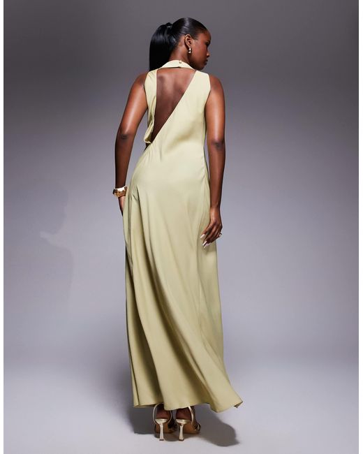ASOS Natural High Neck Drape Maxi Satin Dress With Tucked Detail