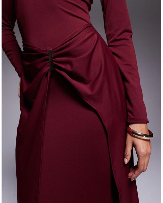 ASOS Purple Slash Neck Long Sleeve Wrap Hardware Detail Midi Dress